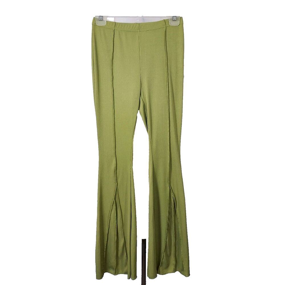 Shein Bell Bottom Pants Hippie Retro Wide Leg Stretch Ribbed Size Small 4 Green